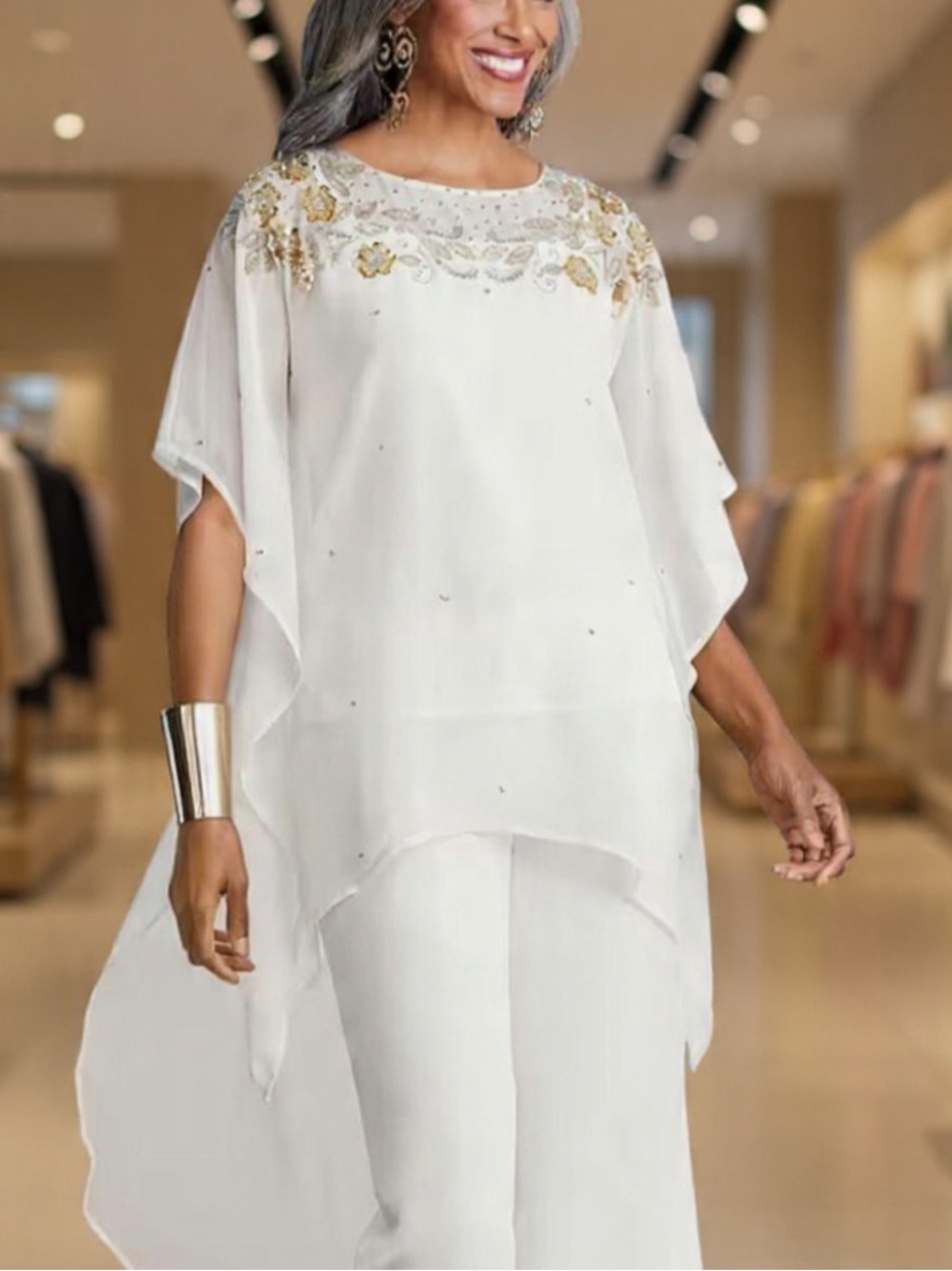 Ashro -White Shear Blouse, gold sequins. Short front Long back. NWOT - Small